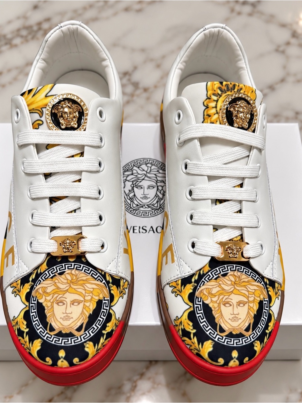 Versace White Gold Black Red Baroque Medusa Leather Sneakers